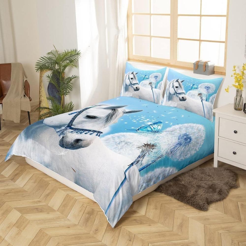 Bettwäsche-Set mit Pferdemotiv, Mikrofaser-Bettwäsche-Sets, Kinderbettwäsche mit blauem Schmetterling Löwenzahn Kinderbettwäsche Mädchen