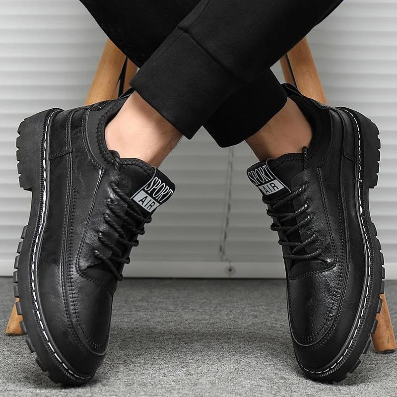 Black Men's Shoes  Leather Casual Shoes for Men Fashion Sneakers  Walking Four Seasons Comfortable British Men Shoes