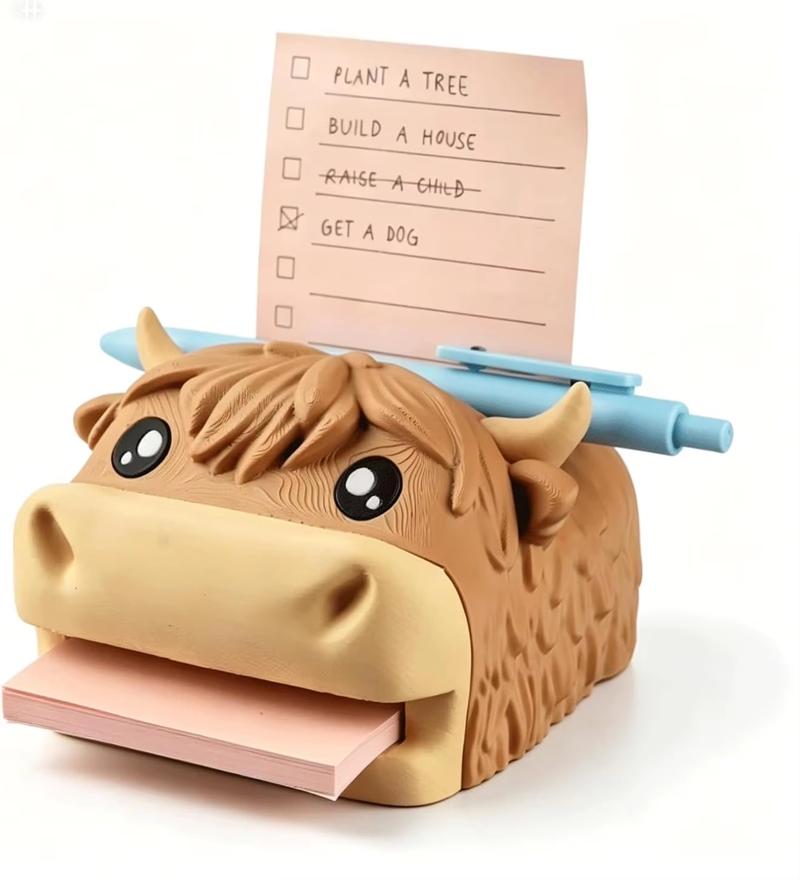 Highland Cow Sticky Note Holder Cute Cartoon Memo Pad Dispenser Desk Organizer with Pen Slot for Home Office School