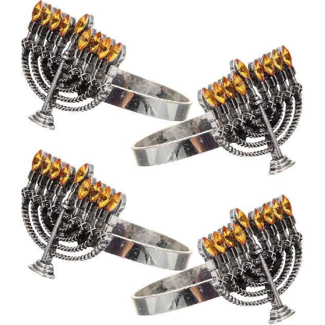 Amosfun 4pcs Menorah Napkin Rings Alloy Napkin Holders for Hanukkah Table Decorations Elegant Buckles for Holiday Dinners Parties and Special