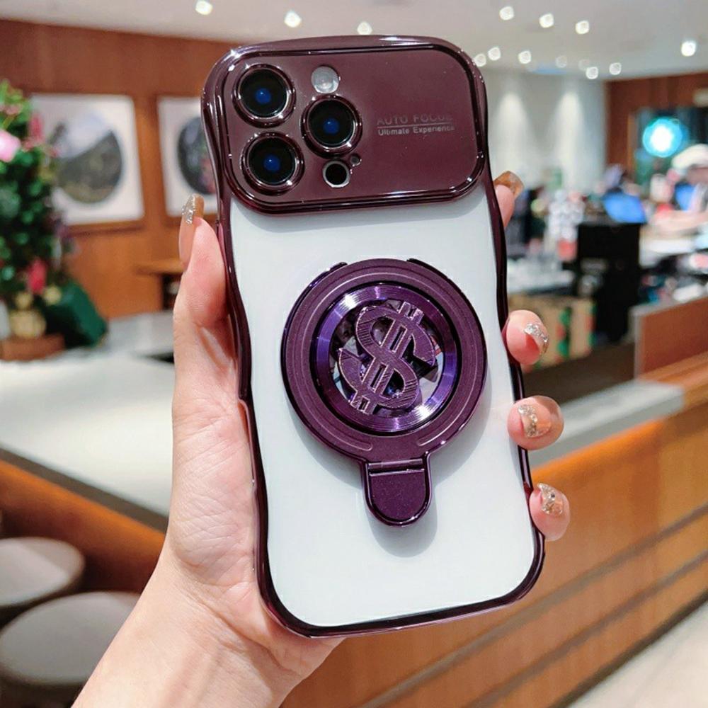 

Для iPhone 16 Pro Max Чехол TPU Прозрачный Чехол Долларовый Узор Подставка Чехол для Телефона Волнистая Рамка Dark Purple