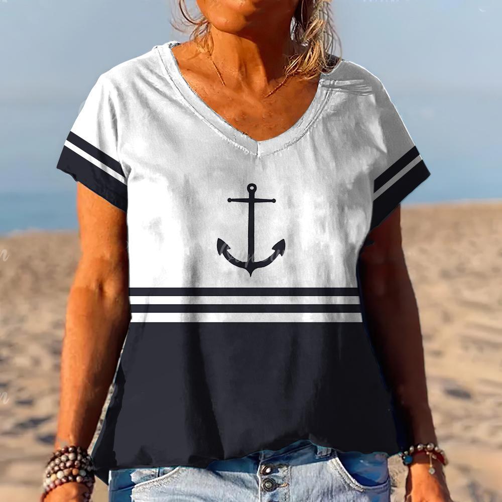 Summer Striped Anchor 3D Print T-Shirts Women V-Neck Short Sleeve T Shirt Y2k Harajuku Tees Casual Loose Tops Female Clothing