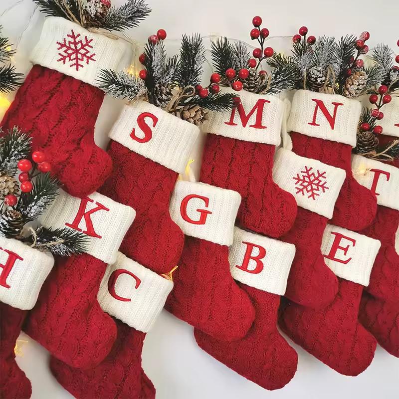 Christmas Socks Red Snowflake Alphabet Letters Knitting Stocking Christmas Tree Pendant Decoration For Home Xmas New Year Gift