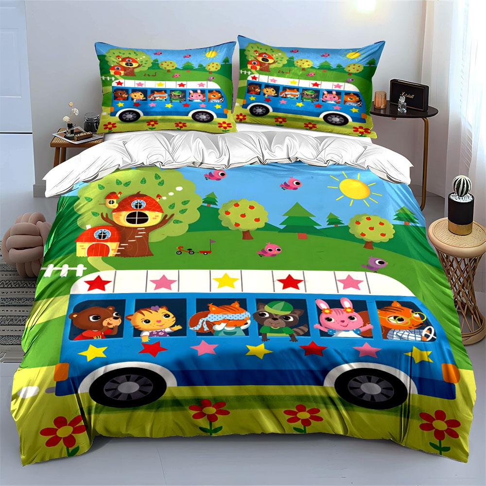 Cute Animal Bus Ride Pattern Bedding Duvet Cover Set (1*Duvet Cover 2*Pillowcases, Without Duvet Insert)