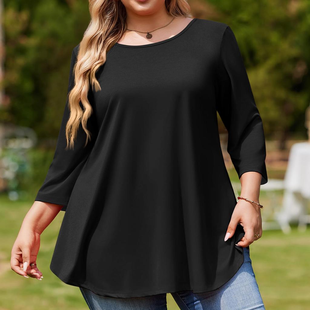 Women’s Plus Size 3/4 Sleeve Tunic Top Loose Fit Round Neck Casual Basic Blouse Soft Lightweight Fabric Comfortable Design