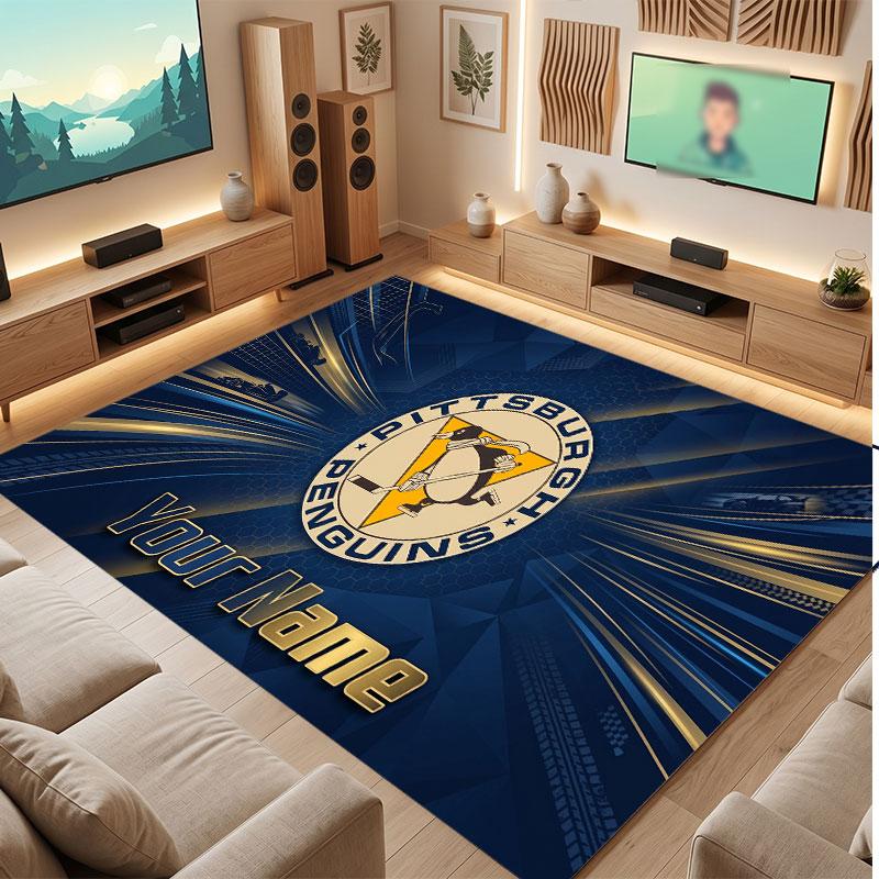 Pittsburgh Penguins Personalized Crystal Velvet Carpet, Customized Name Text Soft Anti‑Slip Rug for Living Room Bedroom