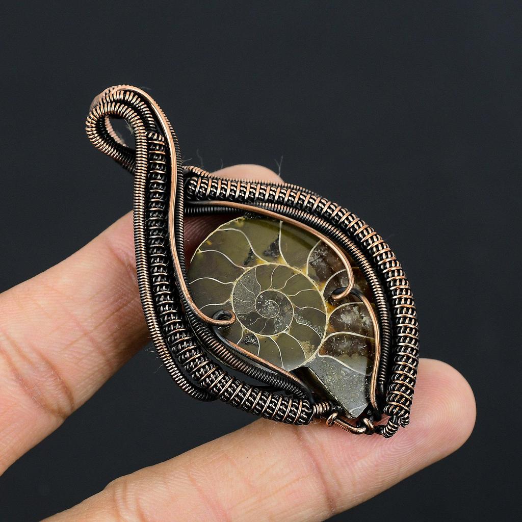 Ammonite Fossil 999 Copper Wire Wrapped Pendant, Handmade Gemstone Jewelry Pendant For Memorial Day