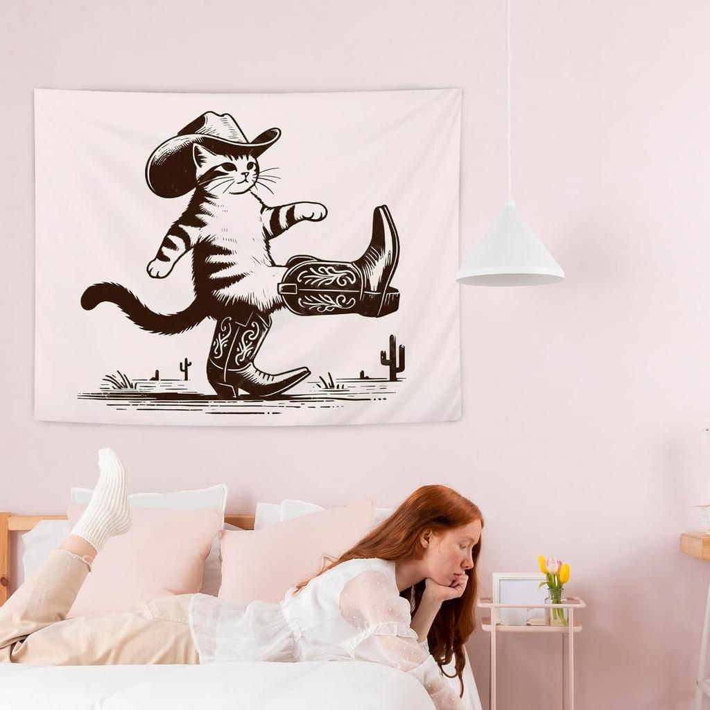 NATSUNO Western Tapestry, Funny Western Cowboy Cat Wall Tapestry for Bedroom, Retro Wild West Country Cat Tapestries Wall Hanging for Home Bedroom
