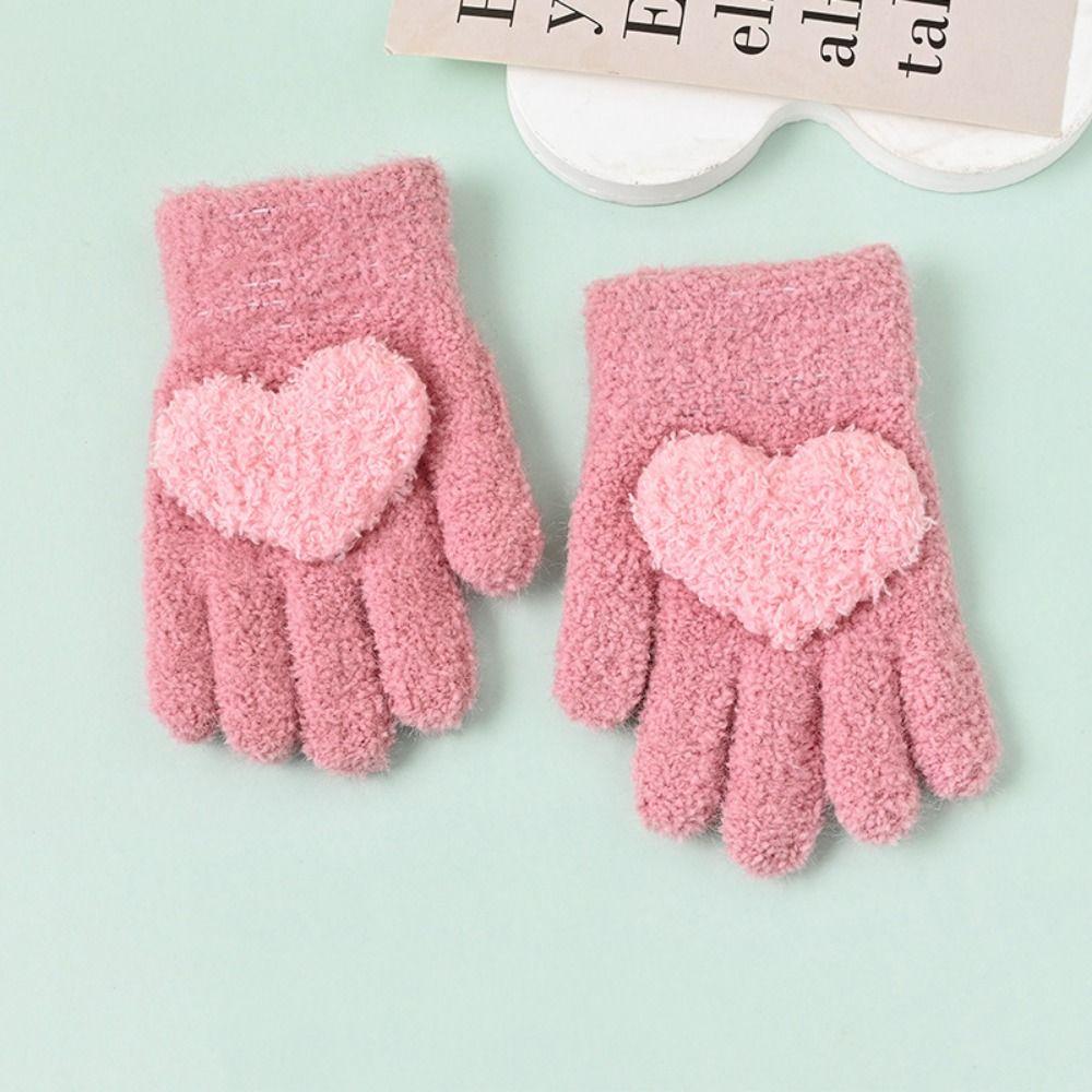2Pairs Cute Children's Warm Gloves Heart Shaped Breathable Baby Knitted Mittens Keep Warm Windproof Solid Plush Gloves Winter