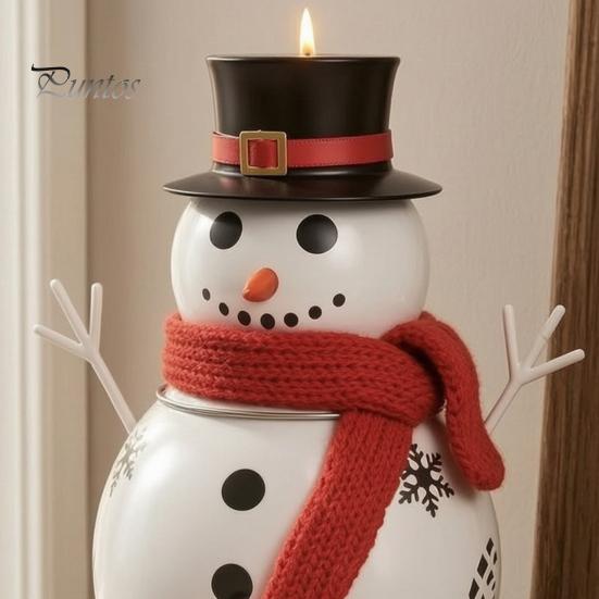 Table Fireplace Entrance Decor Christmas Snowman Candle Holder, Decorative Metal Candlestick Ornament with Top Seasonal Holiday Display Hat And Scarf