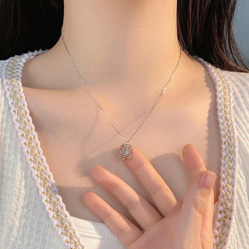 Hollow Out Lucky Character Safety Lock Necklace Bead Tassel Collarbone Chain New Chinese Style