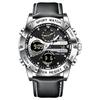 Mens watch analog-digital quartz 5 ATM water-resistant luminous genuine leather strap multifunctional date stopwatch alarm dual time business stylish