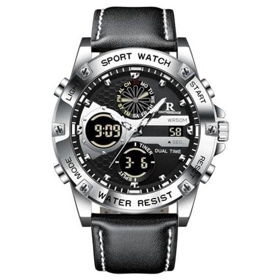 Mens watch analog-digital quartz 5 ATM water-resistant luminous genuine leather strap multifunctional date stopwatch alarm dual time business stylish