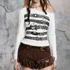 Y2K Personalized Slanted Shoulder Off Shoulder Printed Long Sleeved Slim Fit Top