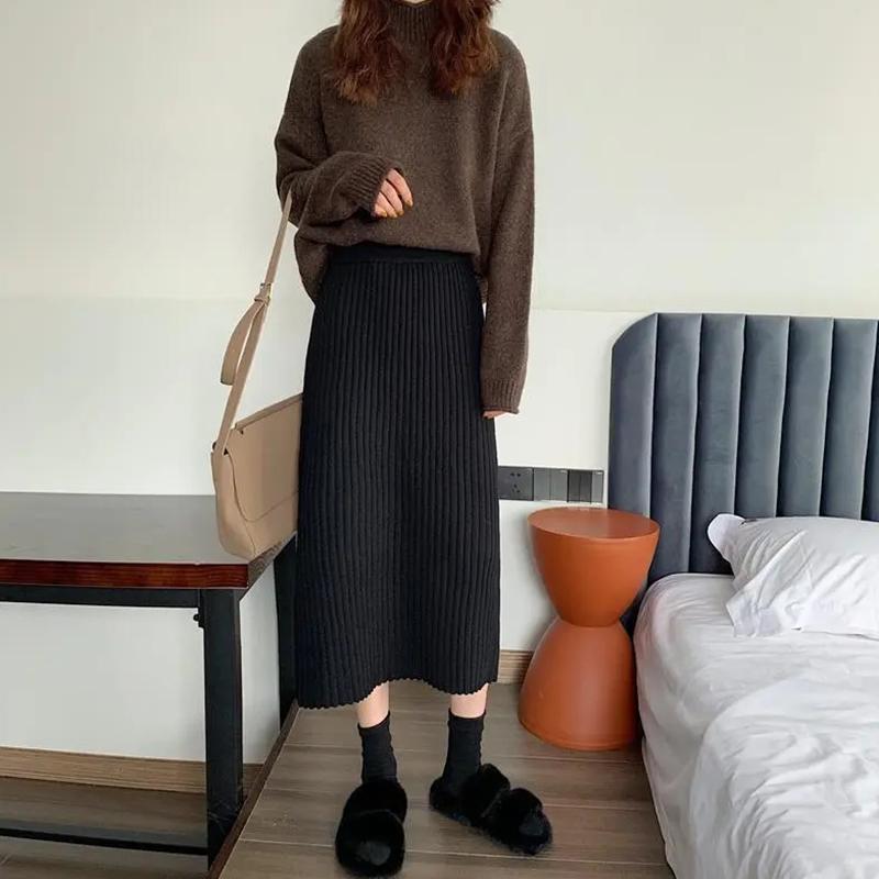 WTEMPO Μονόχρωμες Πλεκτές Φούστες Α γραμμής Γυναικείες Ίσιες Μίντι Κορεάτικου Στυλ Κομψές Σικ Ανοιξιάτικες Φθινοπωρινές Ζεστές Μακριές Φούστες