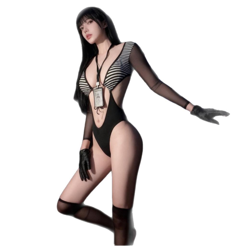 Sexy lingerie sexy secretary tight high elastic pure lust seduction sweet uniform high fork striped pajama suit