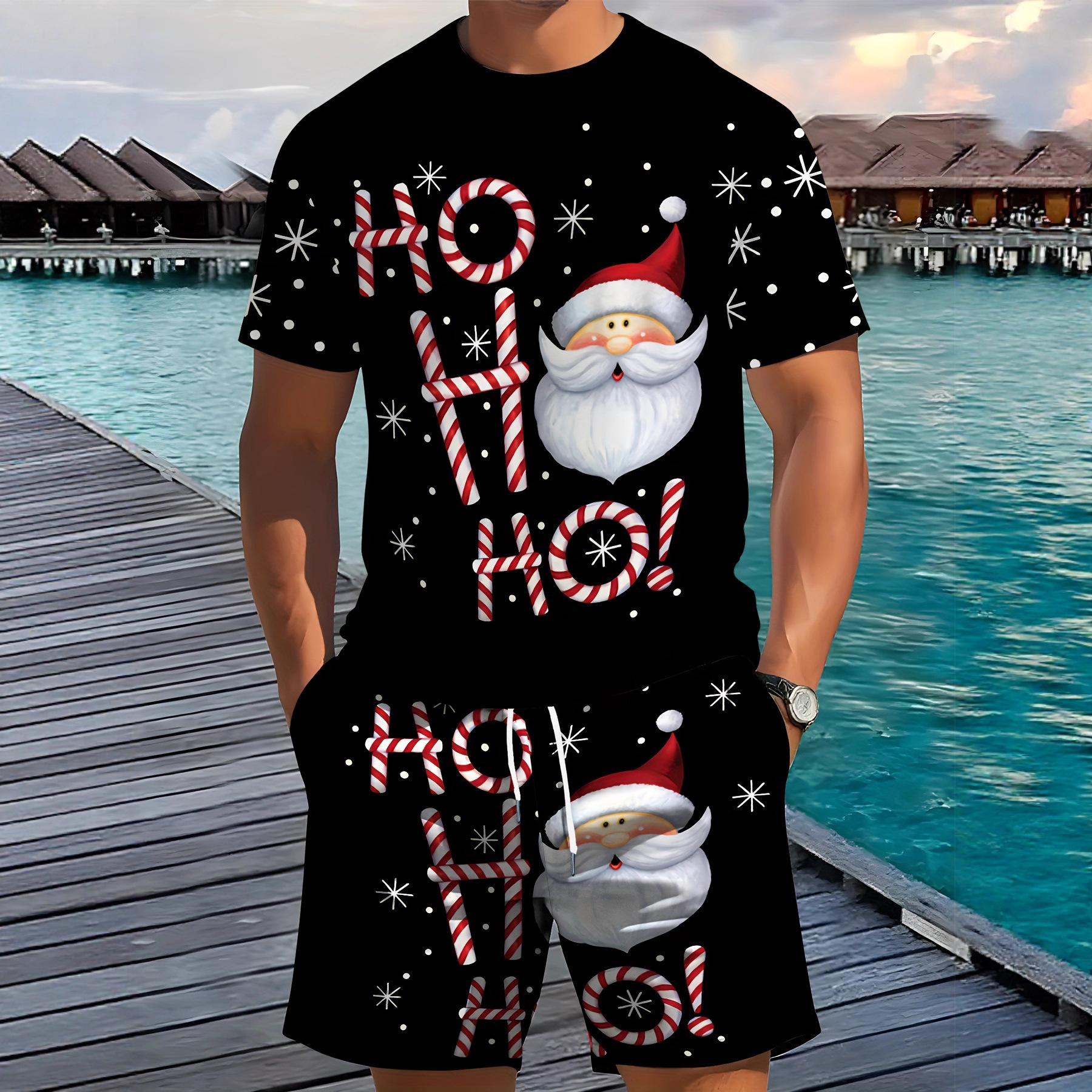 

Men s Summer Sports Plus Size 2-piece Set Christmas Striped Design Loose Breathable Fashionable Colorful 3D Print Sports Wear S