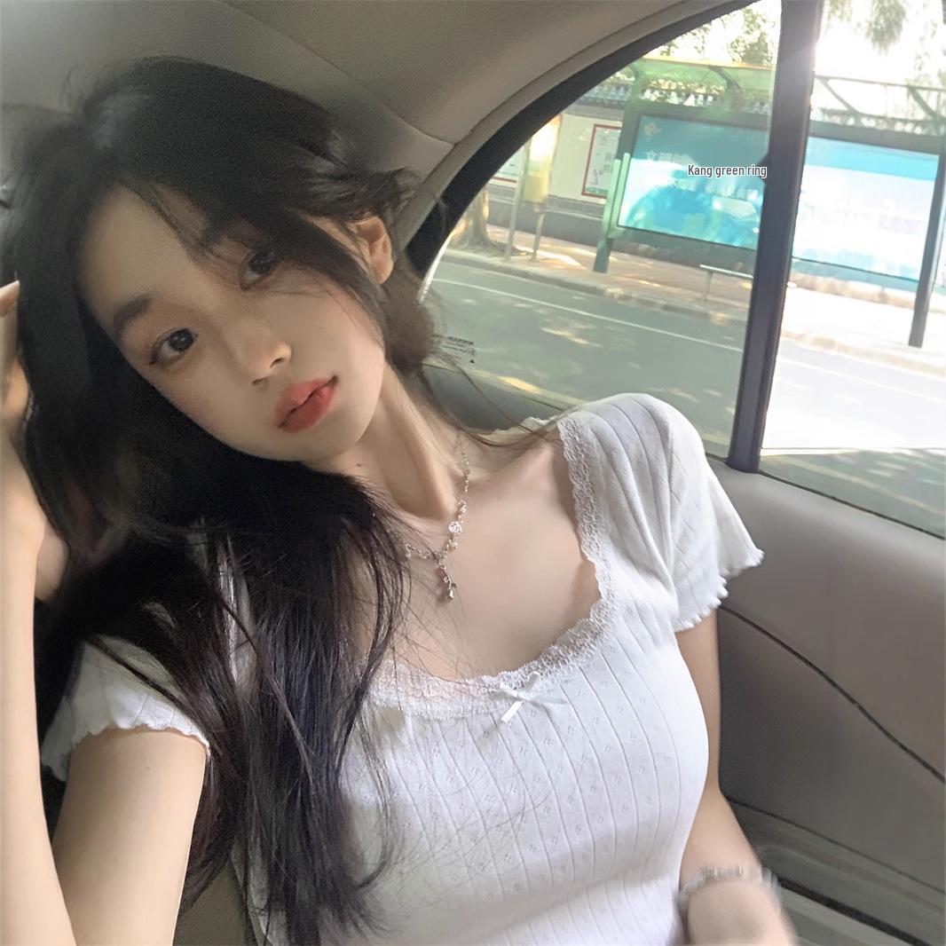 

Белый Сладкий Кружевной Летний Топ с Коротким Рукавом для Похудения для Женщин One Size (up to 125 jin) белый