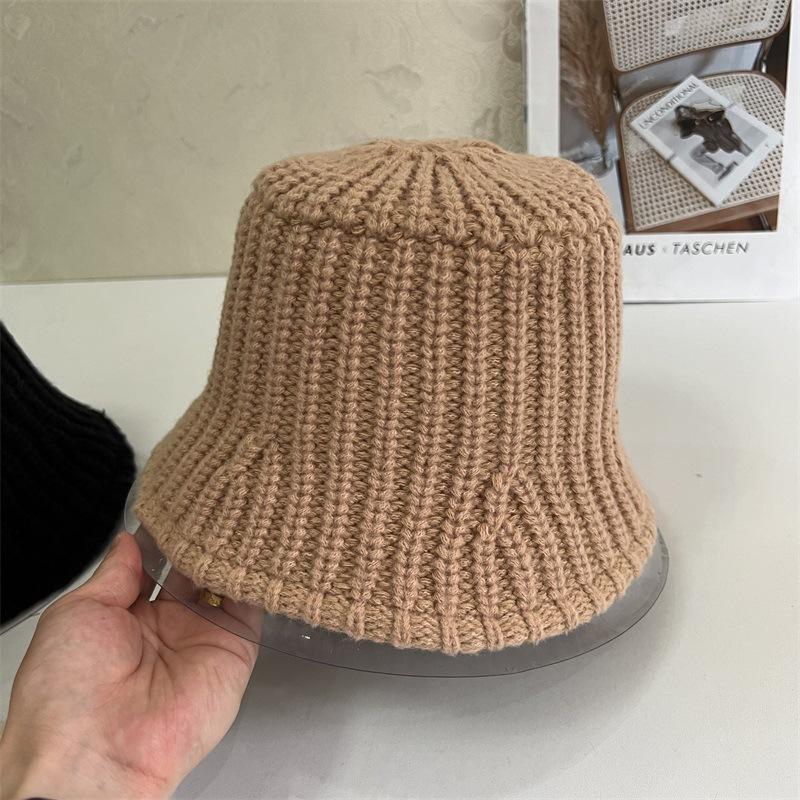 Solid color wool knitted jacquard flat top bucket hat women autumn and winter warm art college wind shade basin hat
