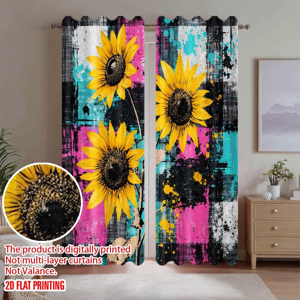 2D flat printing 2pcs Curtain Curtain Vibrant Sunflower Digital Printed Polyester Drapes Birthday Party Perfect for Yard &