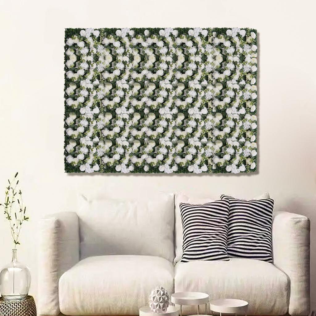 6 Pcs Flower Wall Panel , Green and White Faux Rose Backdrop, Artificial Flower Decor for Wedding Arch, Party Decor, Photo Booth