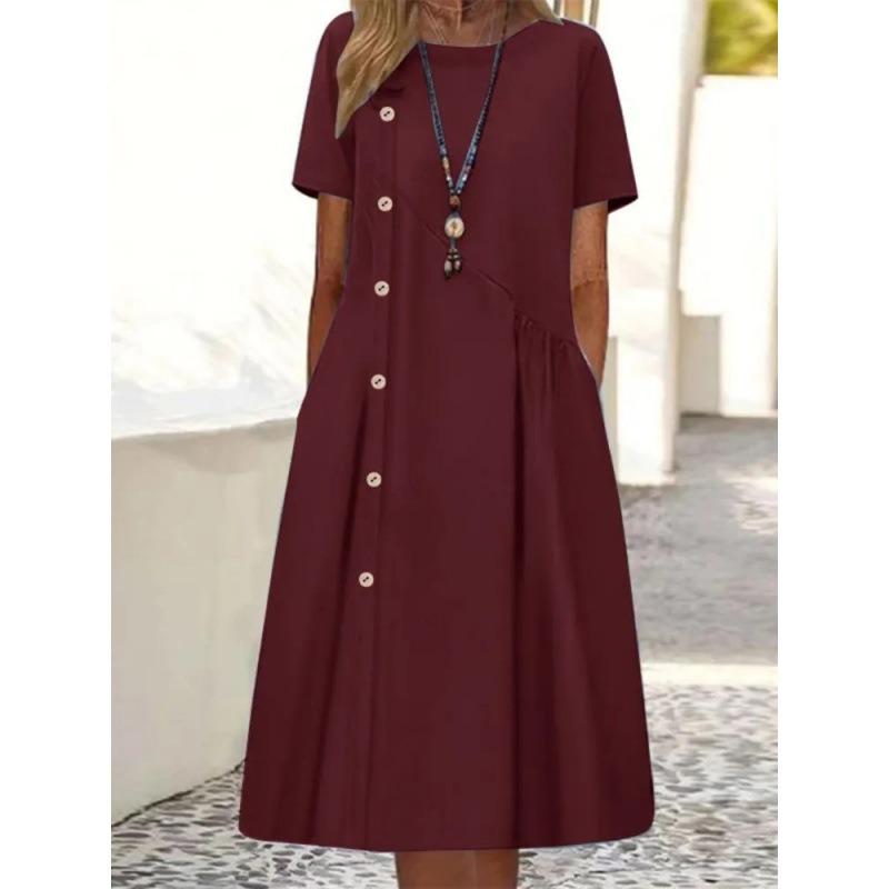 BITCED Women's Fashion Summer Spring Solid Color Print Short Sleeve O-Neck Casual Dresses