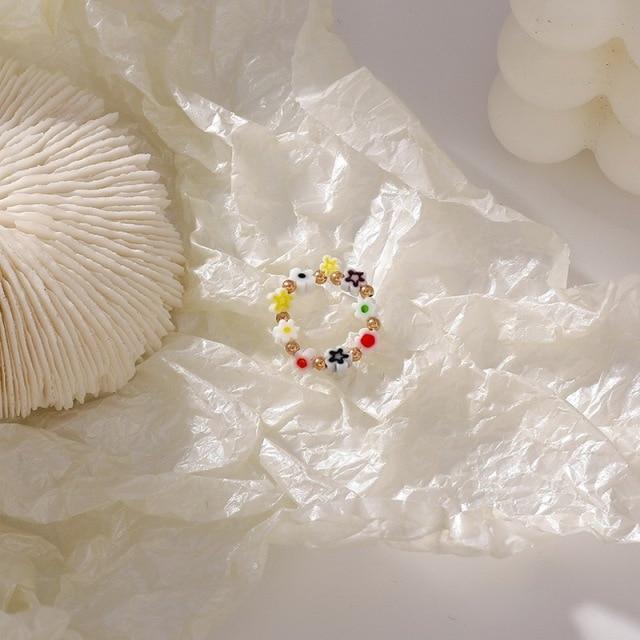 Kpop Adorable Multi Beaded Imitation Pearl Colorful For Women Crystalline Adjustable Rope Chain Rings Continuous Circle Minimalist RingCute Chain