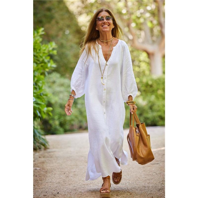 Summer New Style Women's Cotton And Linen Shirt Casual Long-sleeved Cardigan Dress V-neck Solid Color Loose Beach Skirt