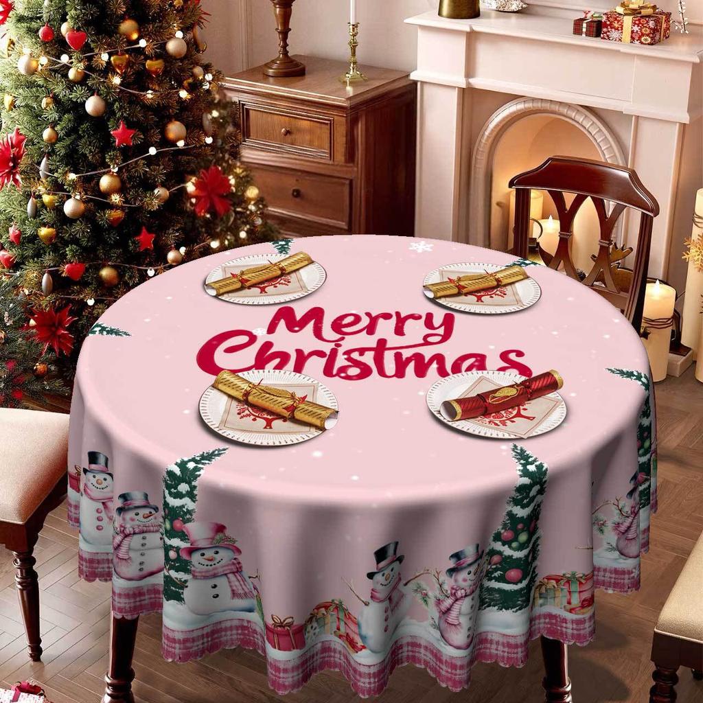 Christmas Tablecloth, Snowman Christmas Tree Gift Pink Dream Warm Merry Christmas Table Decoration