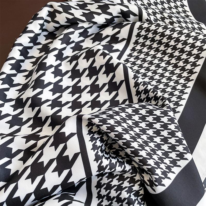 Women Houndstooth Print Scarf 90cm Square Twill Silk Hijab Bandana Female Neckerchief Foulard Shawl Wraps Echarpe Beach Stoles