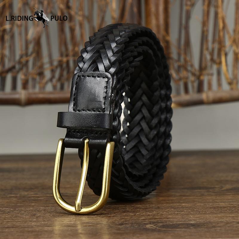 Men's Genuine Leather Braided Belt Cowhide Handmade Woven Pin Buckle Couple's Casual All-match Belt