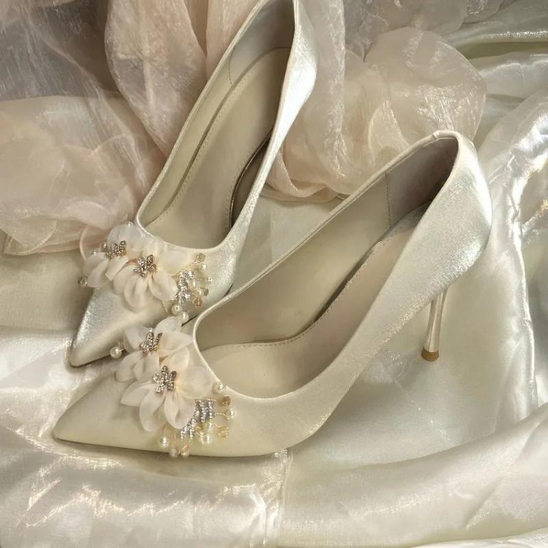 Fashion Stiletto Single Shoes Autumn New Pointed Toe Shallow Mouth Flower Slip-on Non-Slip Wear-Resistant High Heels