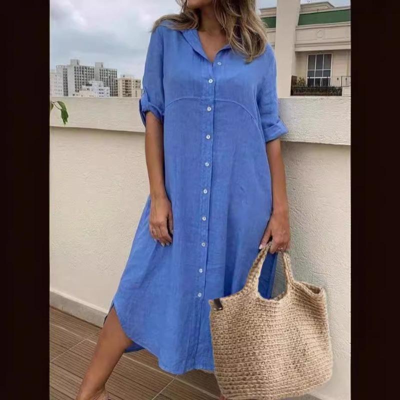 New Solid Color Cotton and Linen Shirt Dress
