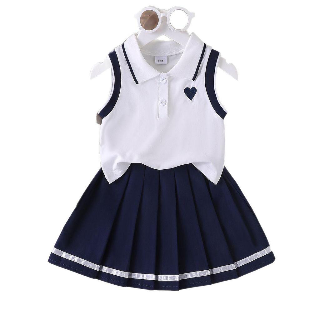 Ensemble de mode pour filles: Ensemble Deux Pièces Été Enfant Haut Sans Manches à Col Rond + Jupe Plissée