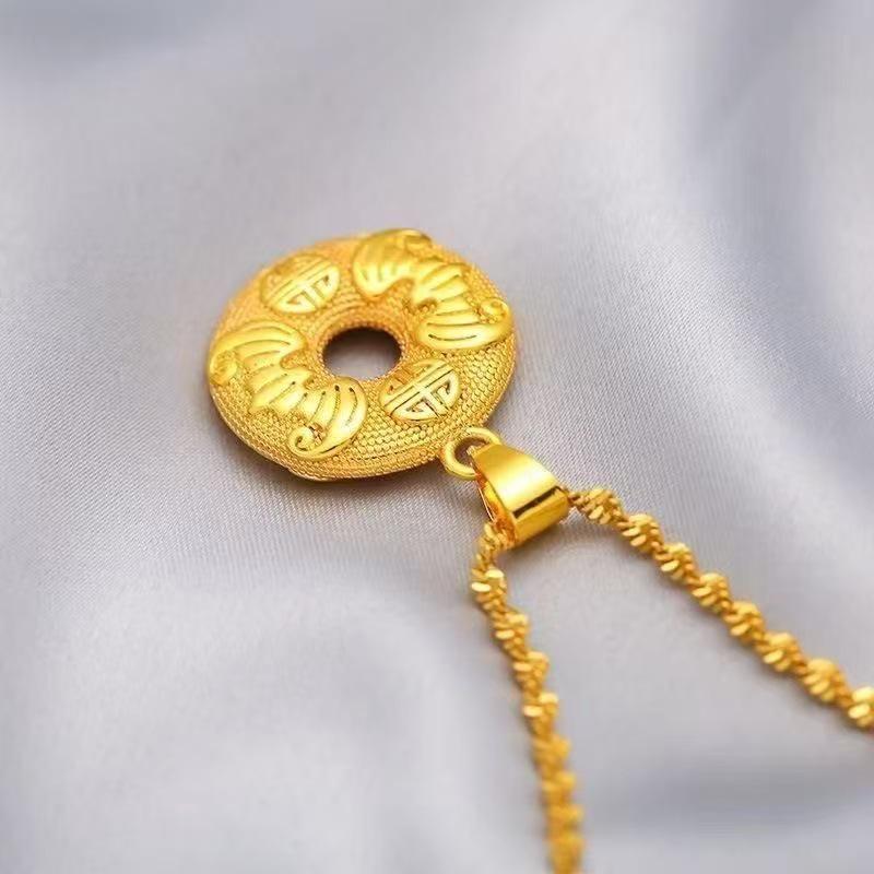 Gold Wave Chain Ping an Buckle Necklace - Unisex Auspicious Ruyi Pendant