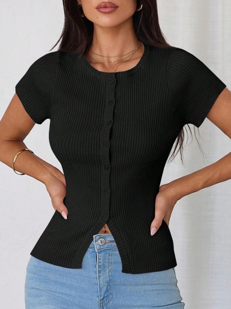 Damen Rippstrick Cropped Cardigan Kurzarm Knopfleiste Figurbetont Pullover Top