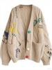 Damen Lockere Passform Bunter Knopf Strickjacke Langarm Buchstabenmuster Lässiger Mantel