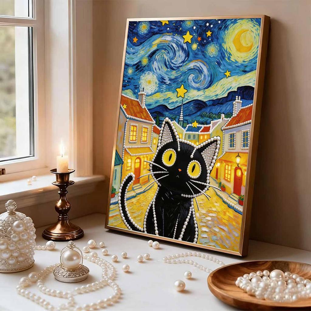 DIY Starry Night Cat Pearl Art Painting for Adults/Beginners Gift Home Decor Pearl Gem Paintings Picture Arts Craft 30x40cm Without Frame
