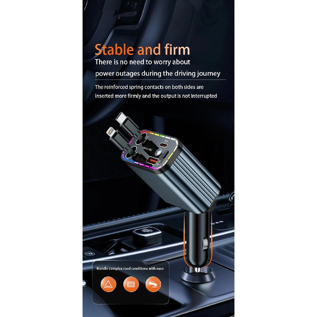 ZRGAE 5 IN 1 Retractable Car Charger 152W Fast Charging Starry Sky LED Lights USB Type-C Power Adapter For iPhone Android