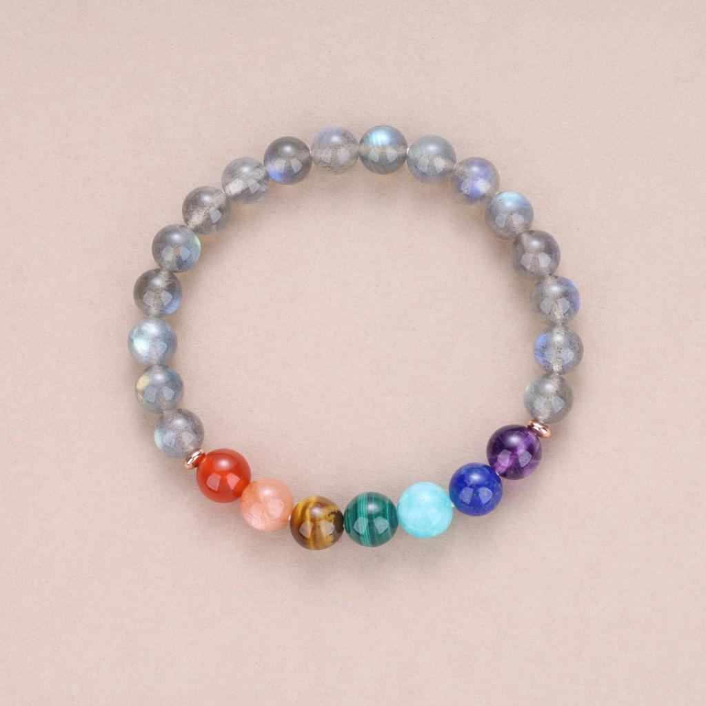 Koai 8mm Labradorite Chakra Power Stone Bracelet for Men Seven-Color