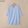 ZANZEA Women Casual V Collar 3/4 Sleeve Solid Color Loose Long Tunic Blouse