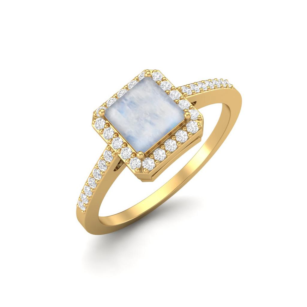 6 MM Square Shape Moonstone Halo Accent 925 Sterling Silver Gold Vemreil Women Wedding Engagement Ring