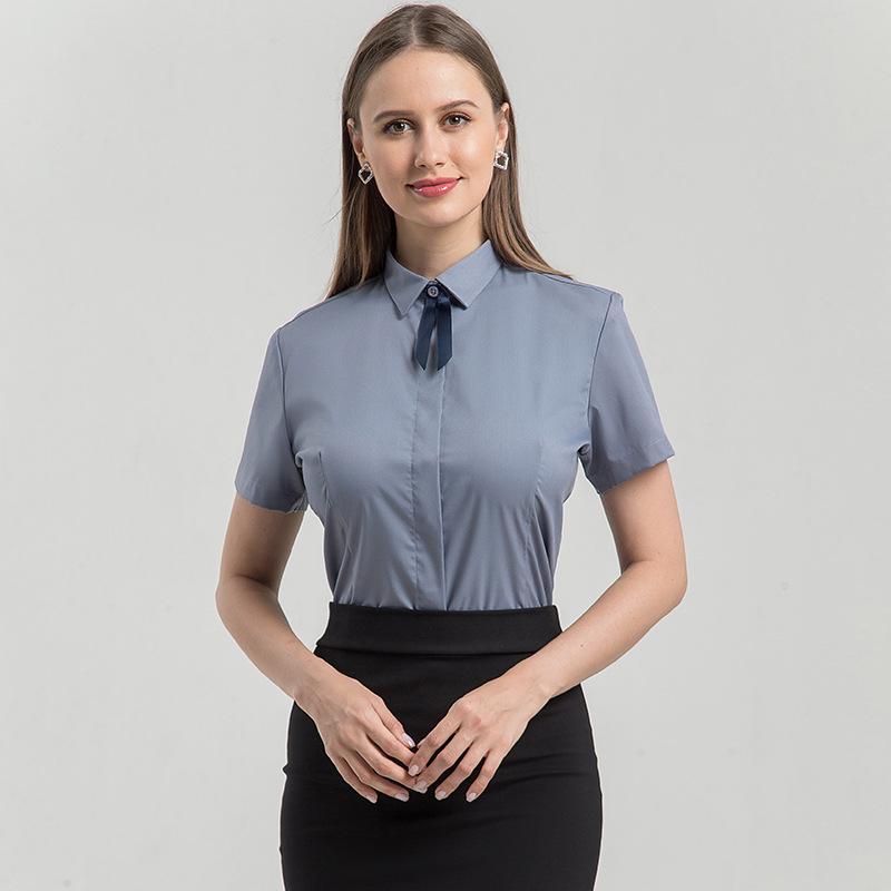 2025 Premium Women's Short-Sleeve Business Shirt with Tie Decoration - Solid Color, Dark Placket