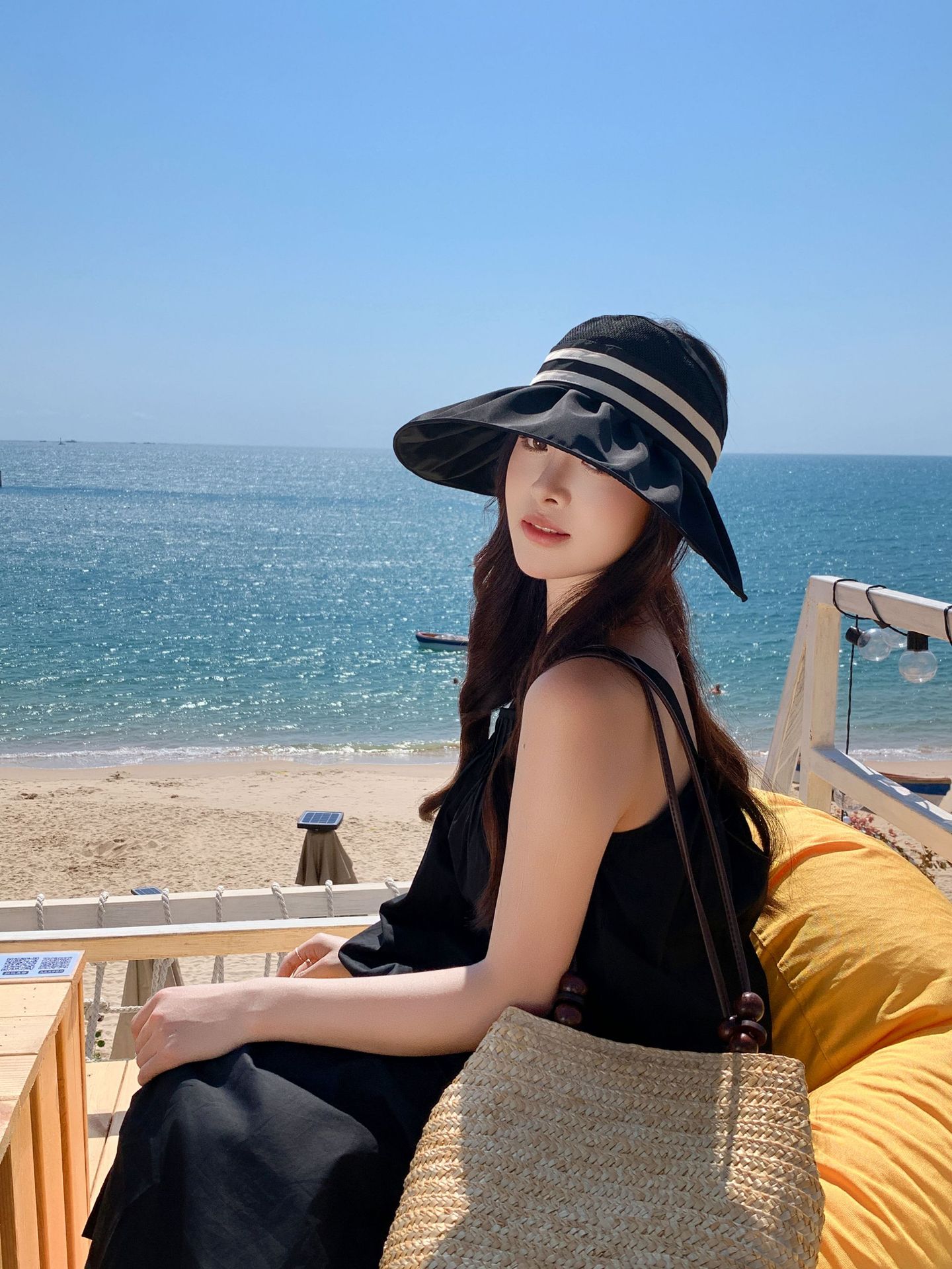 

Открытый полосатый большой карниз шляпа рыбака дети пустой верх солнцезащитный козырек солнцезащитный козырек летний дорожный универсальный показать лицо маленький складной M（56-58cm） чёрный