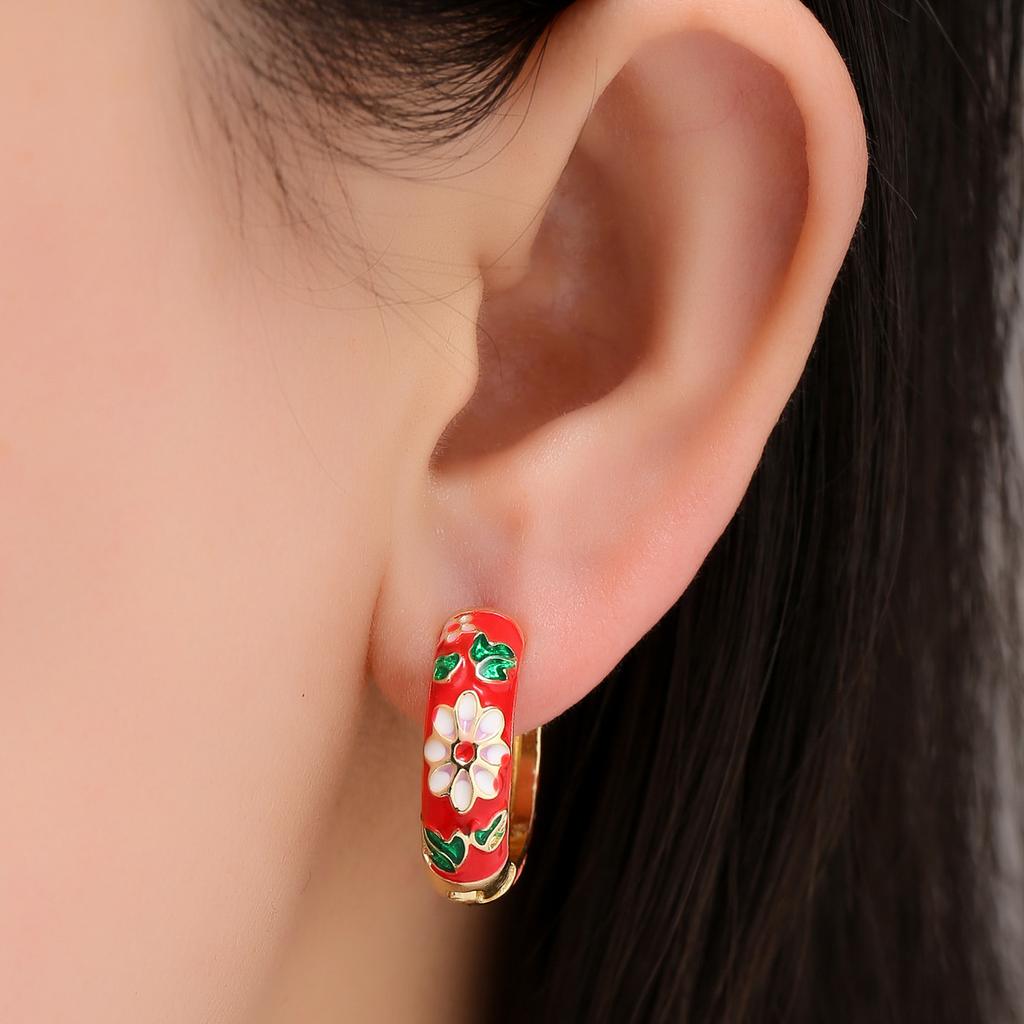 Exquisite Vintage Enamel Flower Small Hoop Earrings Trendy Charm Geometric Round Circle Huggie Earring Fashion Jewelry Gift