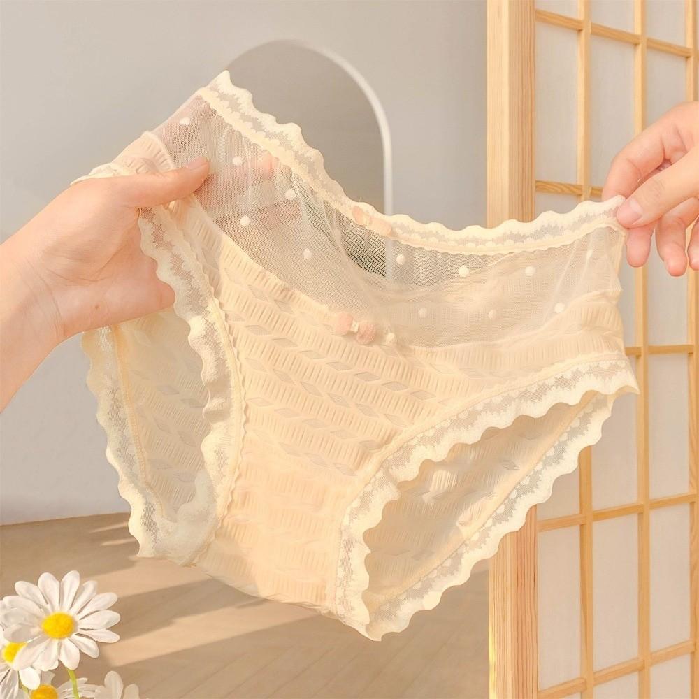 Mid Waist Underwear for Women Bow Mesh Briefs Summer Lace Seamless Panties Female