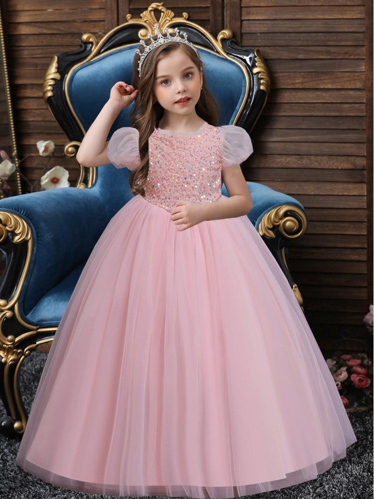 Dziecięca Sukienka Formalna z Cekinami i Bufiastymi Rękawami z Tęczową Tiulową Spódnicą - Idealna na Urodziny lub Występy