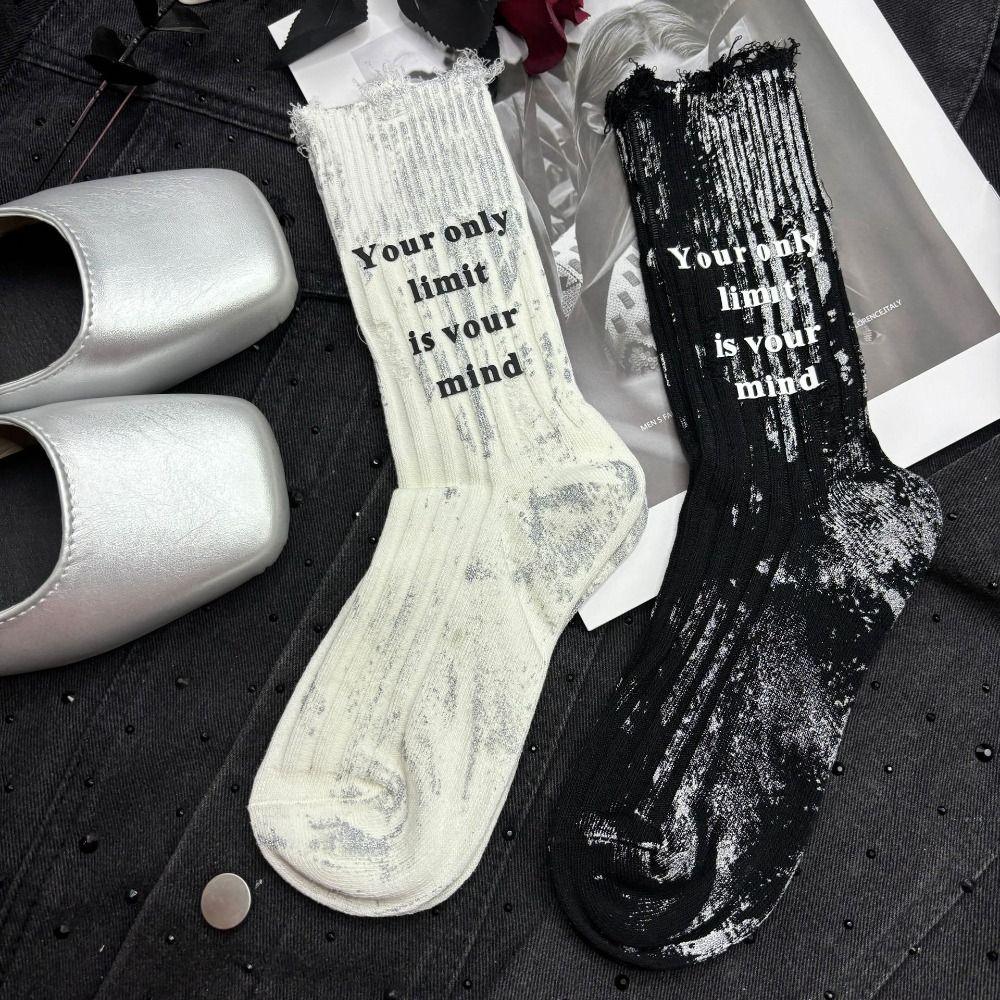 Stripe Mid Tube Socks Unique Letter Personality Mid-Calf Socks Soft Ripped Hollow Socks  For Women