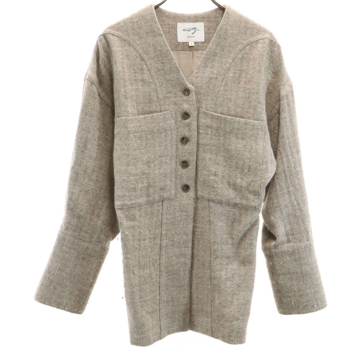 

AKIRANAKA Сделано в Японии Смесь льна Куртка без воротника 1 Серо-бежевый Женская Б/У