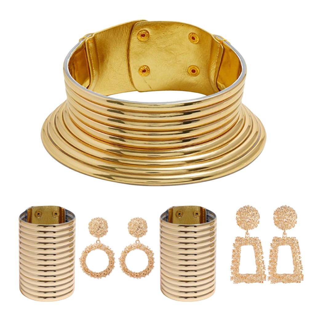 Stylish Golden Necklace Set Inspired by Long Neck Tribe Trend Setting Ethnic Choker and Ear Pendant Set for Fashionistas